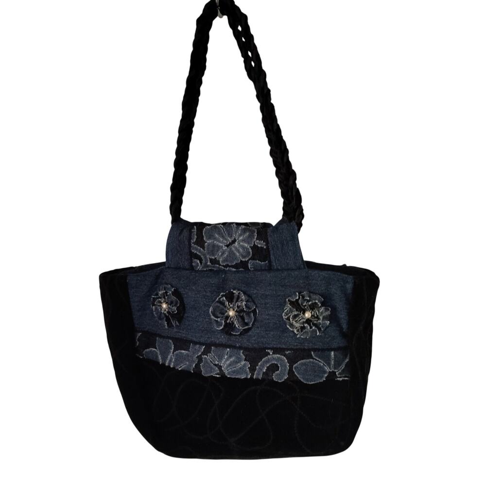 Boho Denim & Velvet Floral Appliqué Shoulder Bag – Pearl Flowers, Braided Strap